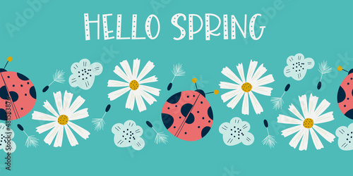 Seamless border with ladybug, chamomile flowers.Spring pattern with insects and flowers on a blue background. Dandelions and ladybug for summer designs. Vector illustration in flat style.