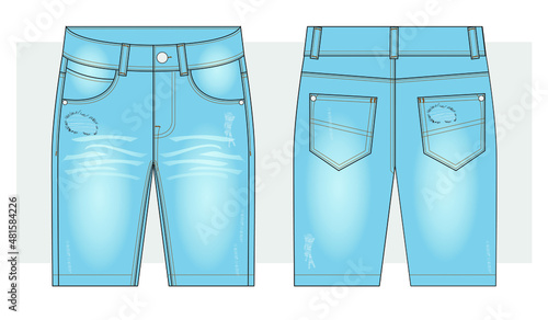 Blue denim Bermuda shorts. Technical sketch.