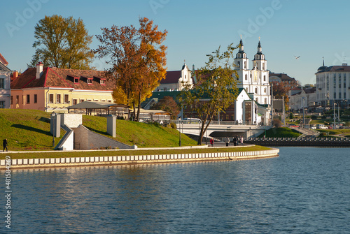 Minsk. Belarus. View of the Svisloch River in the center of Minsk.