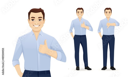 Handsome business young man in blue shirt gesturing thumb up and thumb down isolated vector illustration
