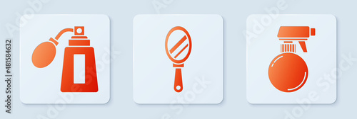 Set Hand mirror, Aftershave bottle with atomizer and Hairdresser pistol spray bottle. White square button. Vector