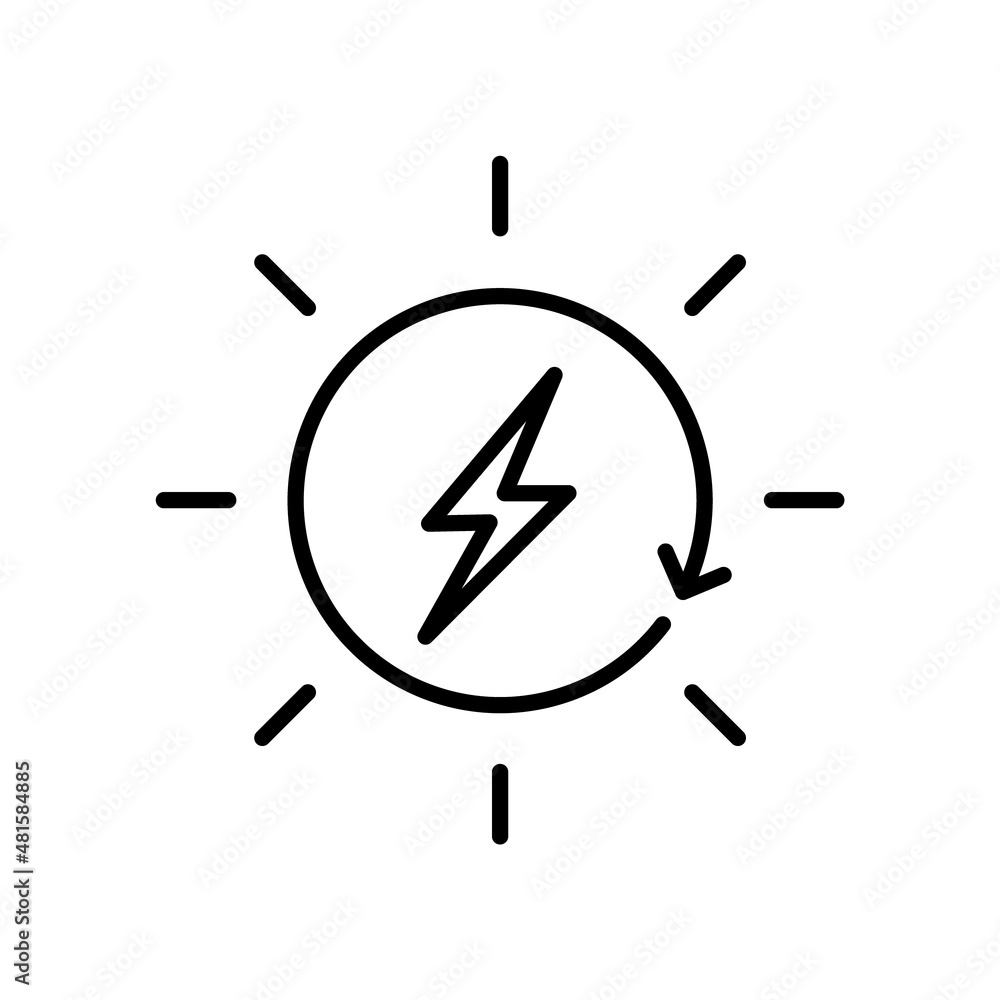 Solar power line icon. Lightning bolt inside sun with arrow. Renewable energy concept. Sustainable energy sources. Clean energy generation. Nature conservation. Vector illustration, flat, clip art. Solar power line icon. Lightning bolt inside sun with arrow. Renewable energy concept. Sustainable energy sources. Clean energy generation. Nature conservation. Vector illustration, flat, clip art.