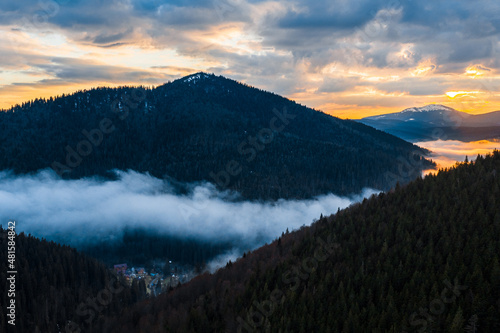 authentic dawn in the Carpathians  Synevyrska Polyana National Park.