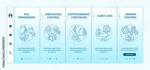 Integrity turquoise gradient onboarding template. Sensitive data. Responsive mobile website with linear concept icons. Web page walkthrough 5 step screens. Lato-Bold, Regular fonts used
