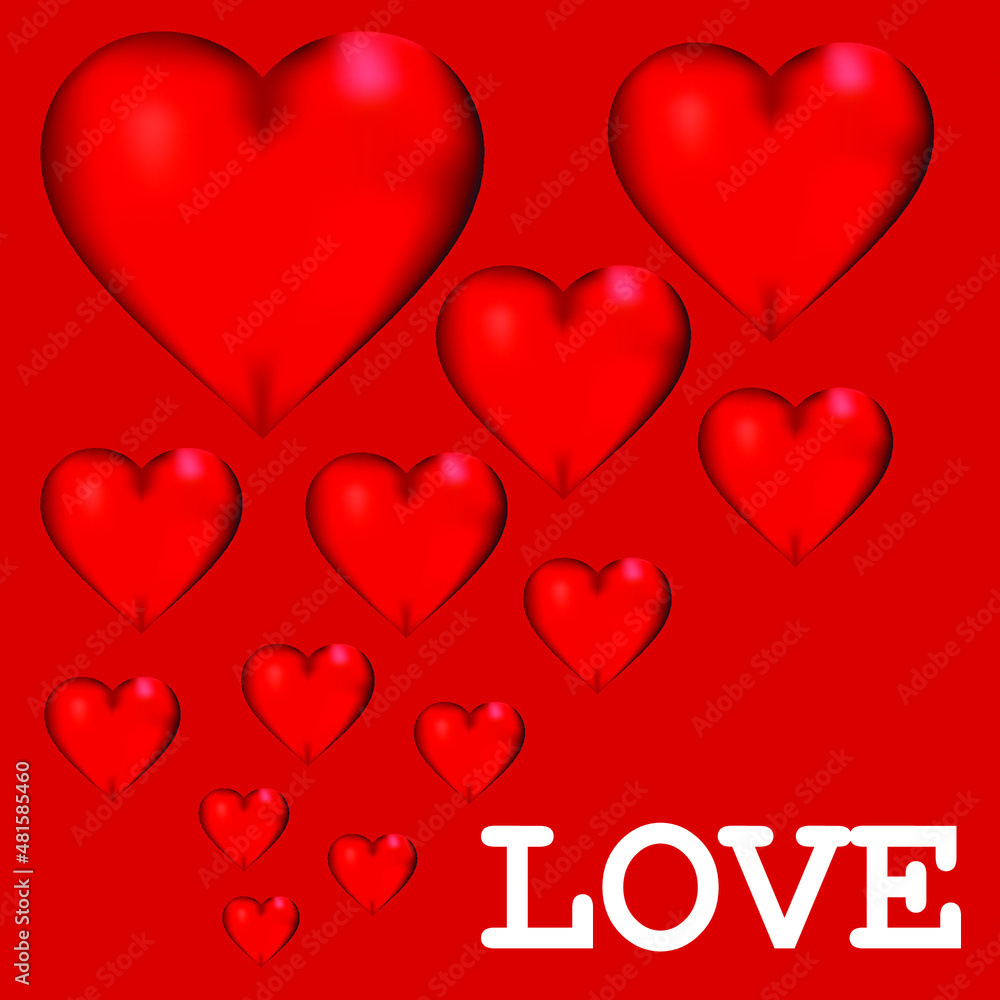 Valentine's day red background with hearts. Love lettering.Vector illustration.