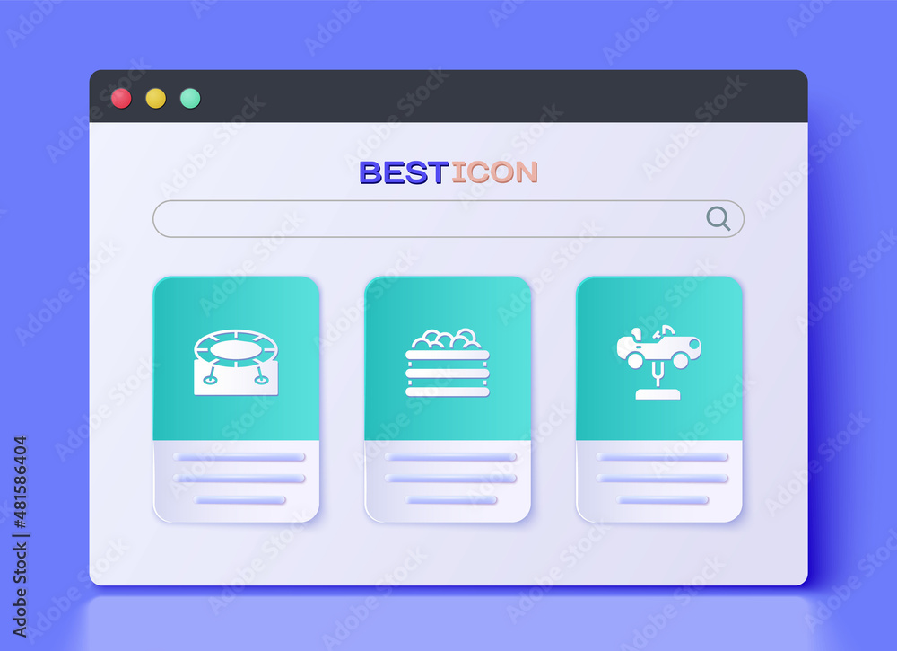 Set Pool with balls, Jumping trampoline and Swing car icon. Vector Set Pool with balls, Jumping trampoline and Swing car icon. Vector