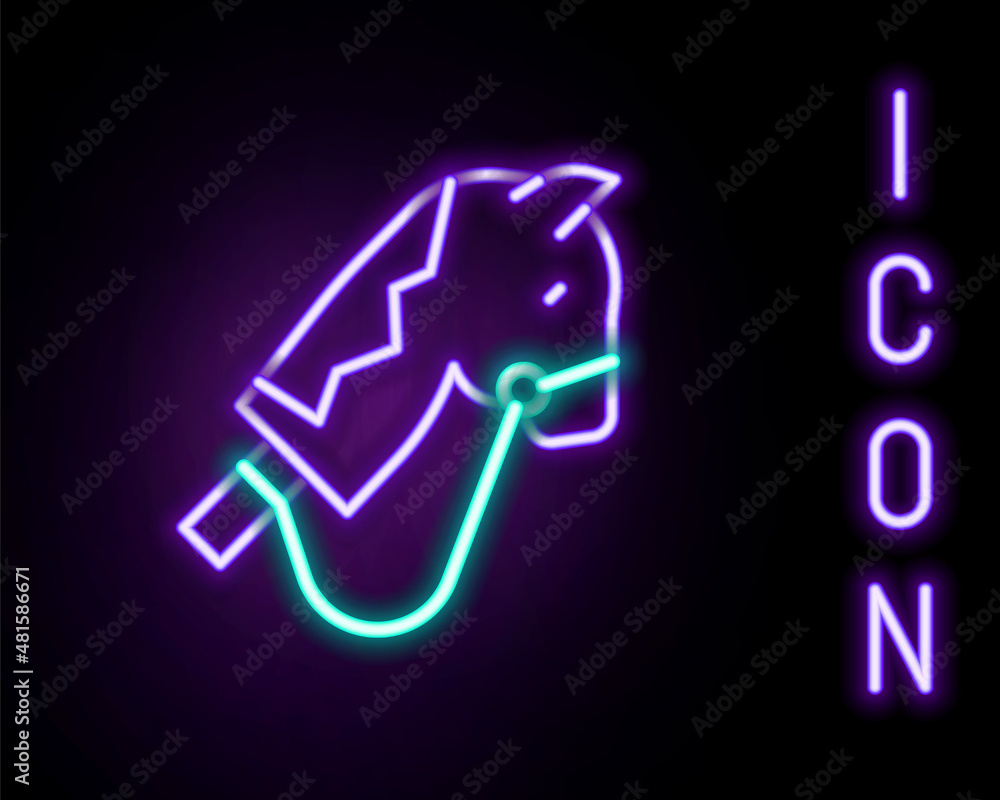 Glowing neon line Toy horse icon isolated on black background. Colorful outline concept. Vector Glowing neon line Toy horse icon isolated on black background. Colorful outline concept. Vector