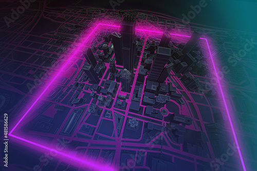 neon square over dark city aerial view photo