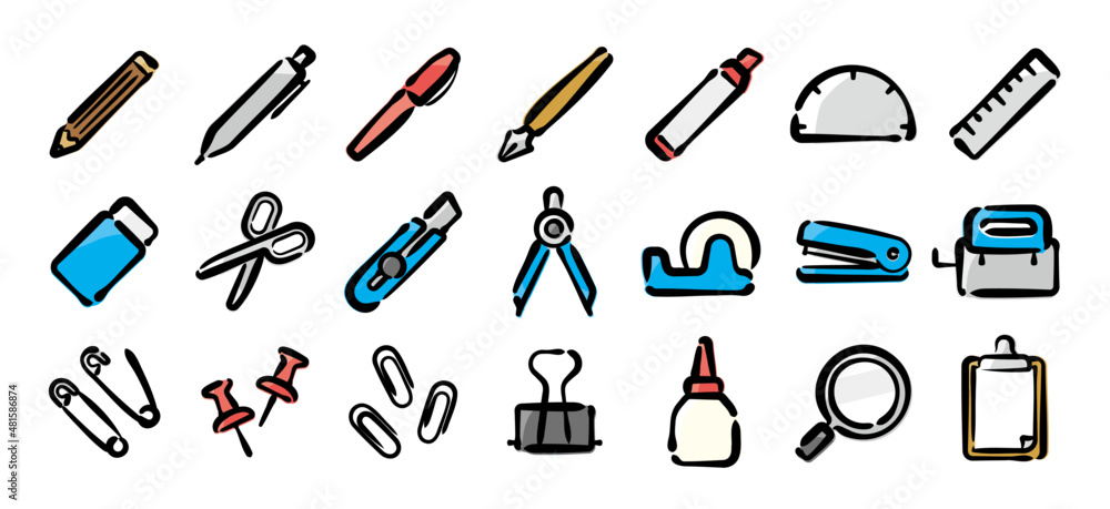Stationery icon set for graphic (Hand-drawn line, colored version) Stationery icon set for graphic (Hand-drawn line, colored version)