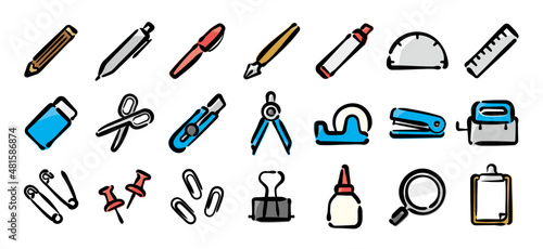 Stationery icon set for graphic (Hand-drawn line, colored version)