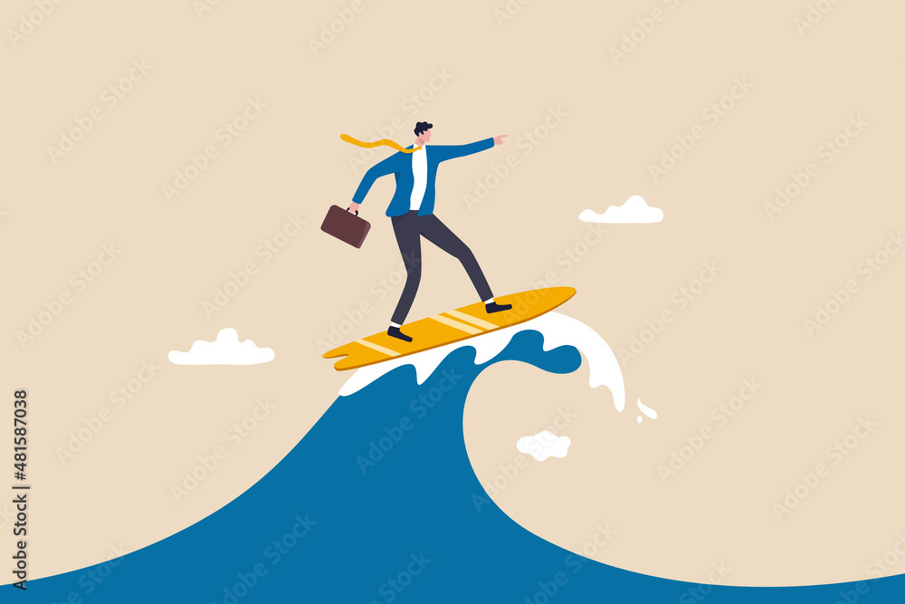 Follow business trend or momentum, challenge to overcome difficulty, professional experience worker or career development concept, expert businessman surfing or riding wave to success direction. - obrazy, fototapety, plakaty 