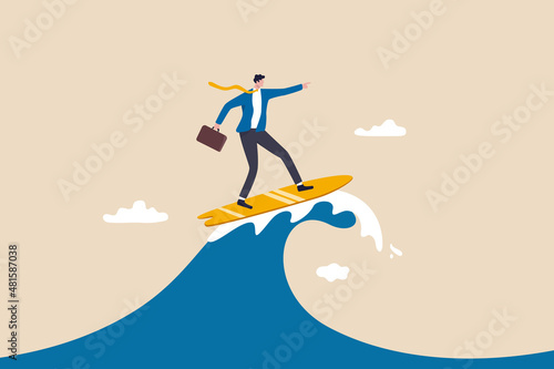 Follow business trend or momentum, challenge to overcome difficulty, professional experience worker or career development concept, expert businessman surfing or riding wave to success direction. photo
