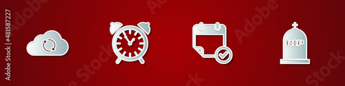Set Cloud sync refresh, Alarm clock, Calendar with check mark and Tombstone RIP written icon. Vector