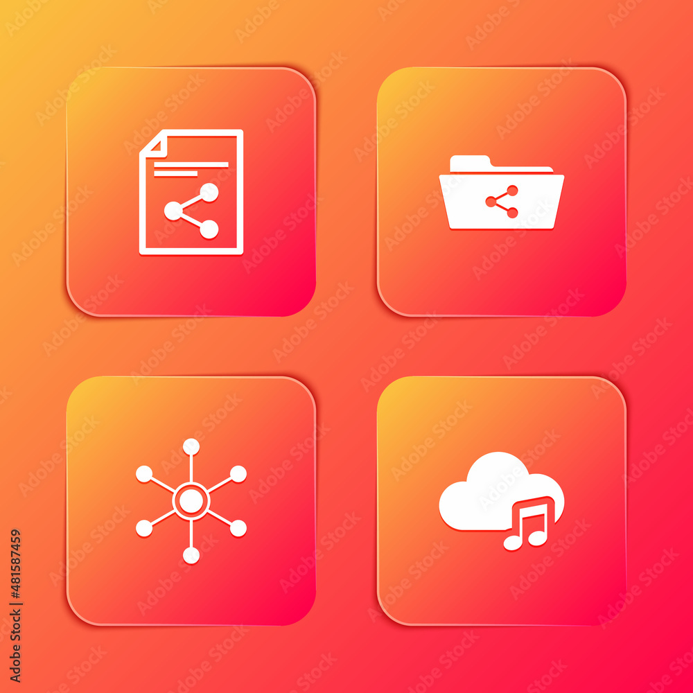 Set Share file, folder, Network and Music streaming service icon. Vector