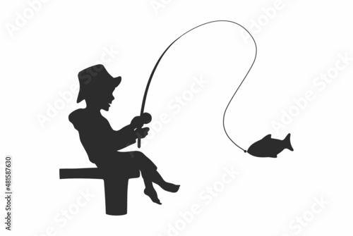 Boy Fishing Silhouette. Luck. Big Fish. Vector illustration