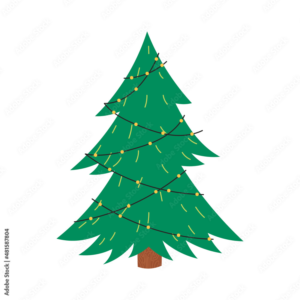Cute Christmas tree decorated with lights garland, flat vector illustration isolated on white background. Hand drawn evergreen plant for winter holidays. Cute Christmas tree decorated with lights garland, flat vector illustration isolated on white background. Hand drawn evergreen plant for winter holidays.