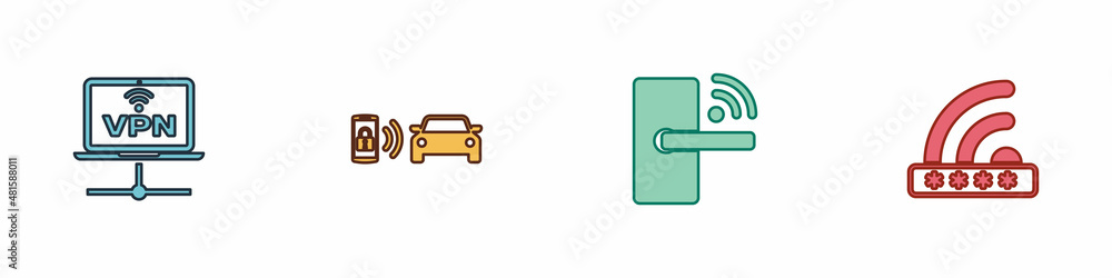 Set VPN Computer network, Smart car alarm system, Digital door lock with wireless and Wifi locked icon. Vector Set VPN Computer network, Smart car alarm system, Digital door lock with wireless and Wifi locked icon. Vector