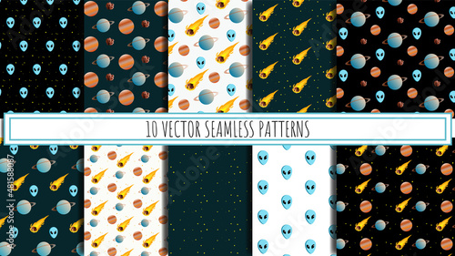 set of seamless vector patterns with space print, children's illustrations on space theme, spaceships, aliens, comet, planet, robot, asteroid, space, galaxy, rocket flying into space, alien ship