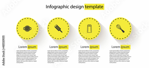 Set Cooking soup in pot, Grater, Salt and pepper and Kitchen whisk. Business infographic template. Vector