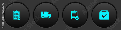 Set Verification of delivery list, Delivery truck with boxes, and Package check mark icon. Vector