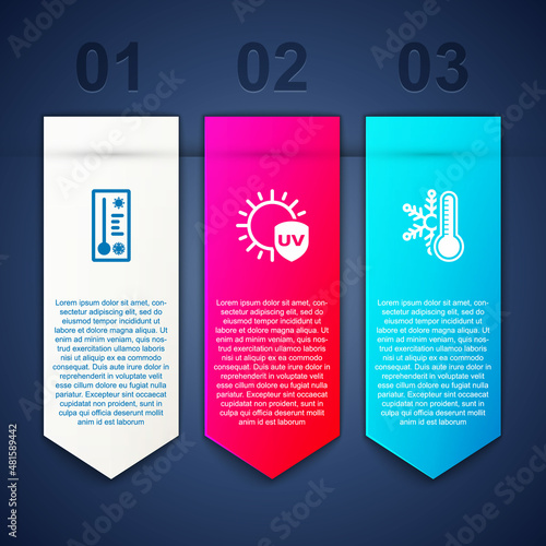 Set Meteorology thermometer, UV protection and Thermometer with snowflake. Business infographic template. Vector