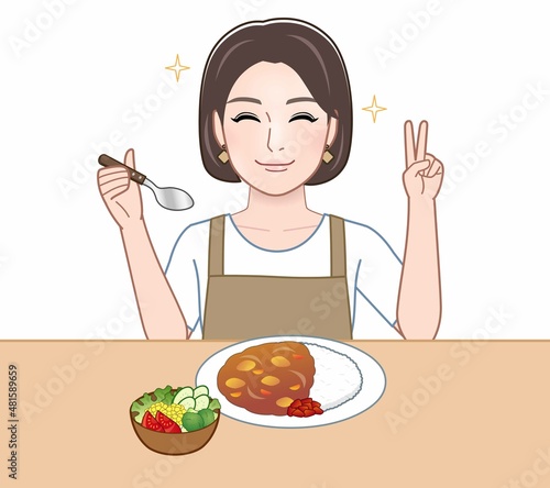 食べ物を食べている主婦のイラスト