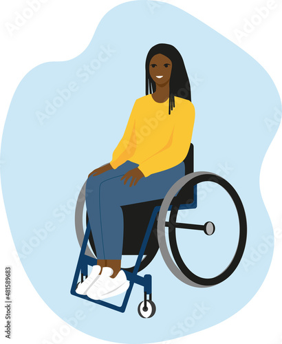 young african woman sitting in a wheelchair in flat style