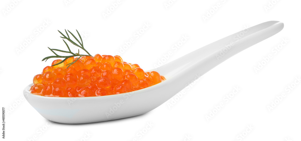 Spoon with delicious red caviar and dill isolated on white Spoon with delicious red caviar and dill isolated on white