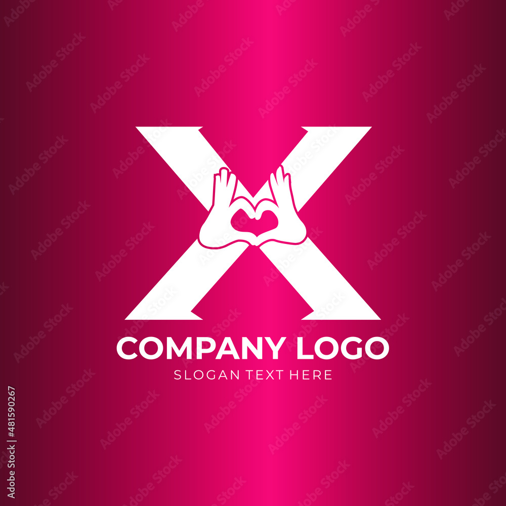 X letter logo with heart icon, Two hands making heart sign valentines day love concept X letter logo with heart icon, Two hands making heart sign valentines day love concept