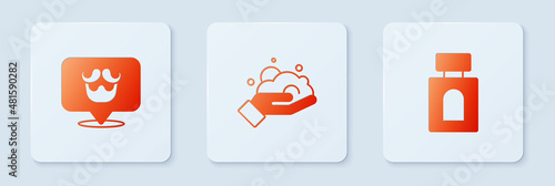 Set Shaving foam on hand, Barbershop and Aftershave. White square button. Vector