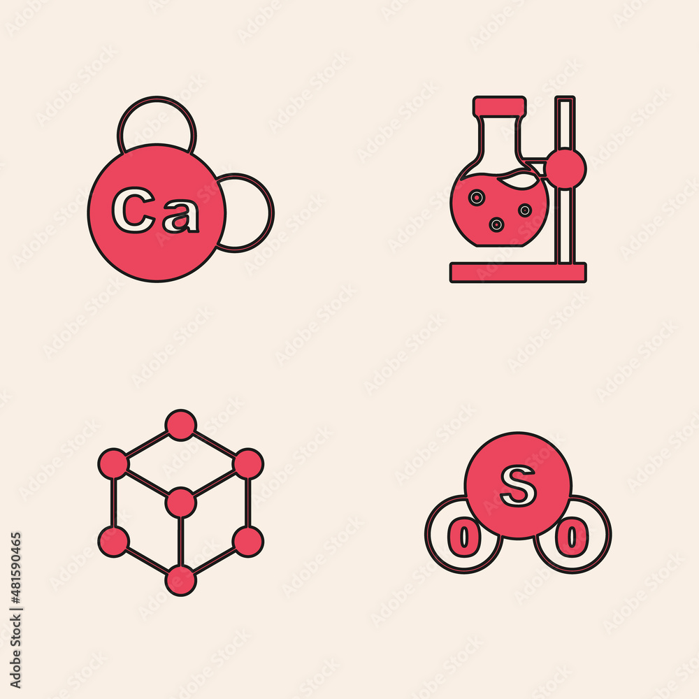 Set Sulfur dioxide SO2, Mineral Ca Calcium, Test tube flask on stand and Molecule icon. Vector Set Sulfur dioxide SO2, Mineral Ca Calcium, Test tube flask on stand and Molecule icon. Vector
