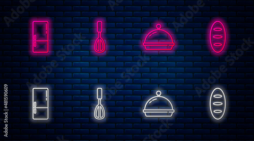 Set line Kitchen whisk, Covered with tray of food, Refrigerator and Bread loaf. Glowing neon icon on brick wall. Vector