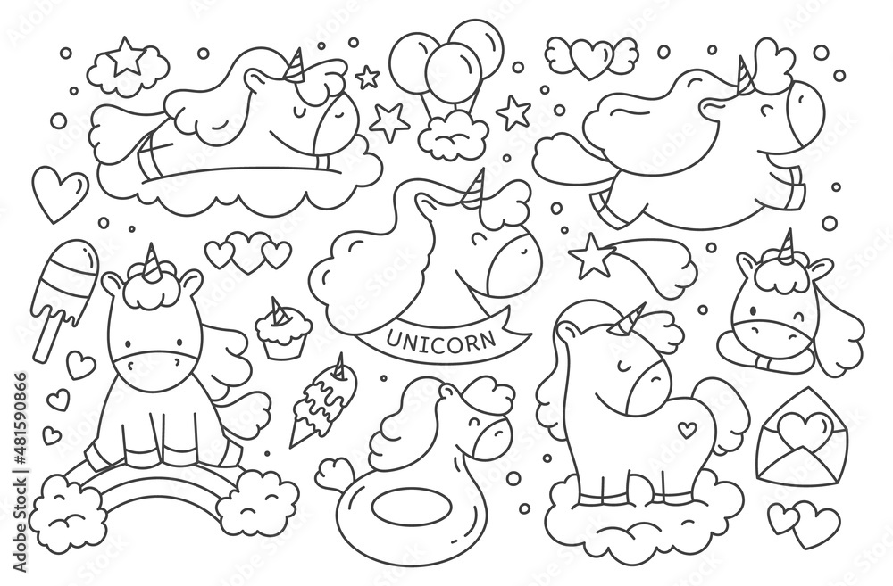 A set of children's illustrations, stickers with unicorns in the style of doodle, cartoon. Isolated on a white background. Cute hearts,ice cream,rainbow,frame. Horses.