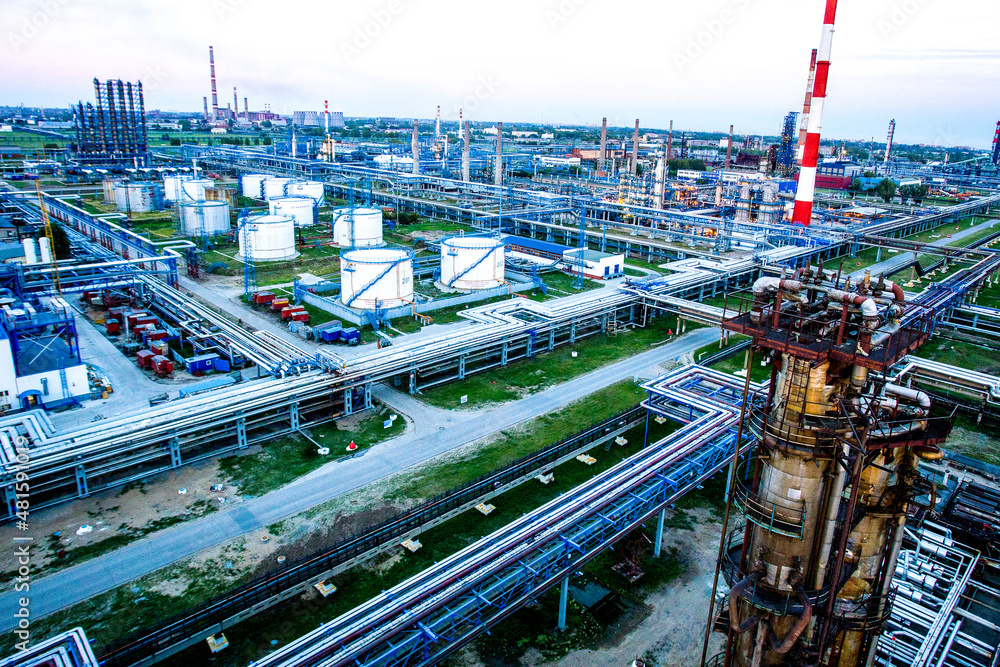 Refinery pipes and buildings - big factory landscape 