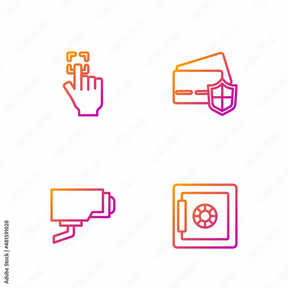 Set line Safe, Security camera, Fingerprint and Credit card with shield. Gradient color icons. Vector Set line Safe, Security camera, Fingerprint and Credit card with shield. Gradient color icons. Vector