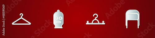 Set Hanger wardrobe, Balaclava, and Winter hat with ear flaps icon. Vector
