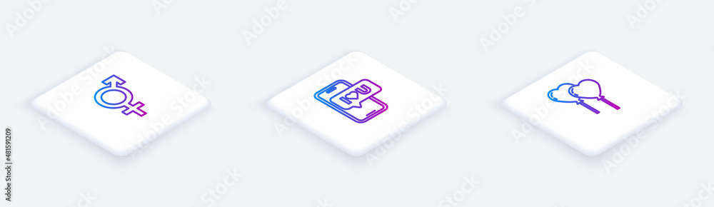 Set Isometric line Gender, Mobile with heart and Balloons in form of. White square button. Vector Set Isometric line Gender, Mobile with heart and Balloons in form of. White square button. Vector