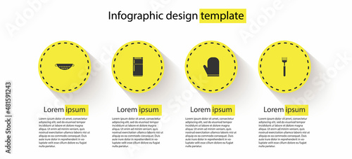 Set Kitchen colander, Refrigerator, Oven glove and Fork. Business infographic template. Vector