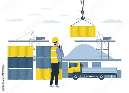 An employee is loading a container onto a truck. Vector illustration.