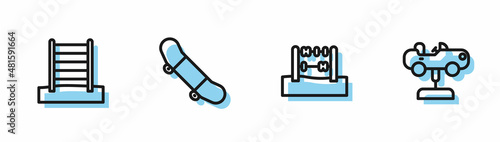 Set line Abacus, Swedish wall, Skateboard trick and Swing car icon. Vector