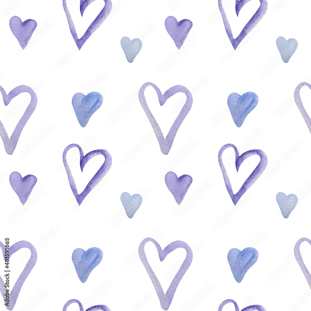watercolor seamless pattern with lavender hearts