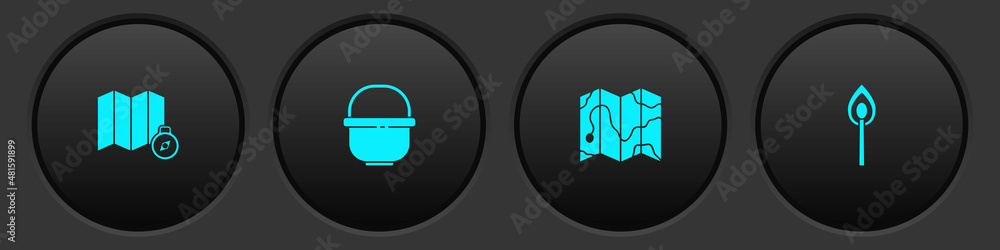 Fototapeta premium Set Location of the forest on map, Camping pot, and Burning match with fire icon. Vector