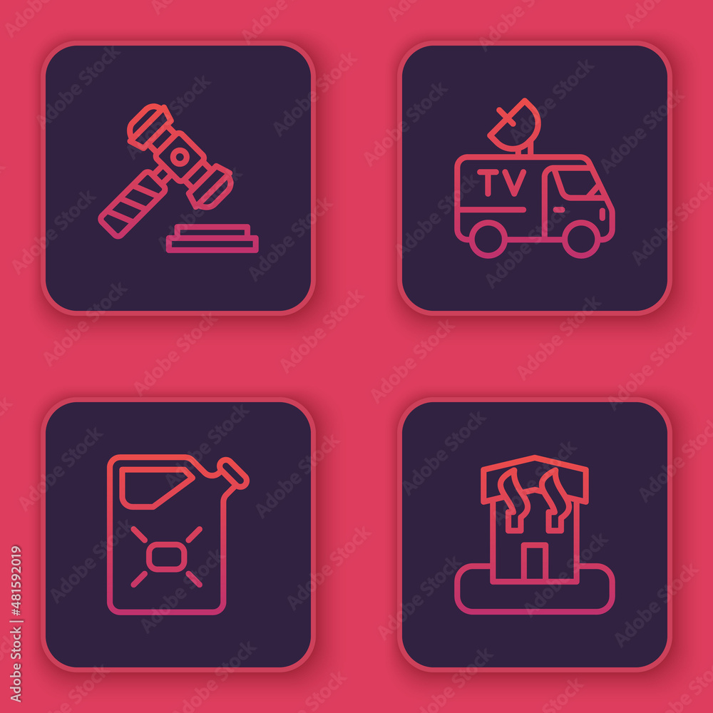 Set line Judge gavel, Canister fuel, TV News car and Arson home. Blue square button. Vector Set line Judge gavel, Canister fuel, TV News car and Arson home. Blue square button. Vector