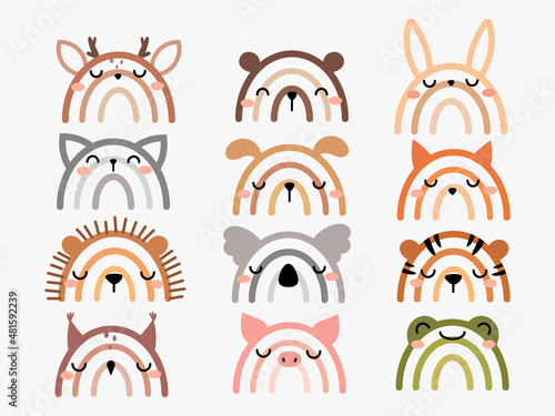 Set of cartoon animal rainbow. Collection of sweet boho rainbow baby shower or decor childrens bedroom. Perfect for clothing prints. Vector illustration on white background. 