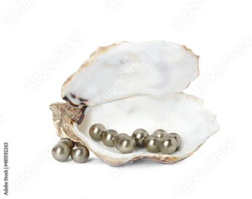 Open oyster shell with golden pearls on white background
