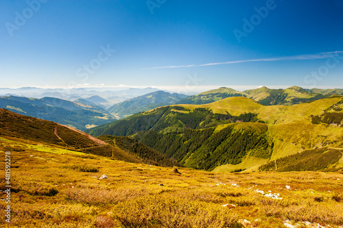 View of Maramures ridge from Rodna Mountains National Park hike, Muntii Rodnei National Park, Romania, Romanian Carpathian Mountains, Europe.