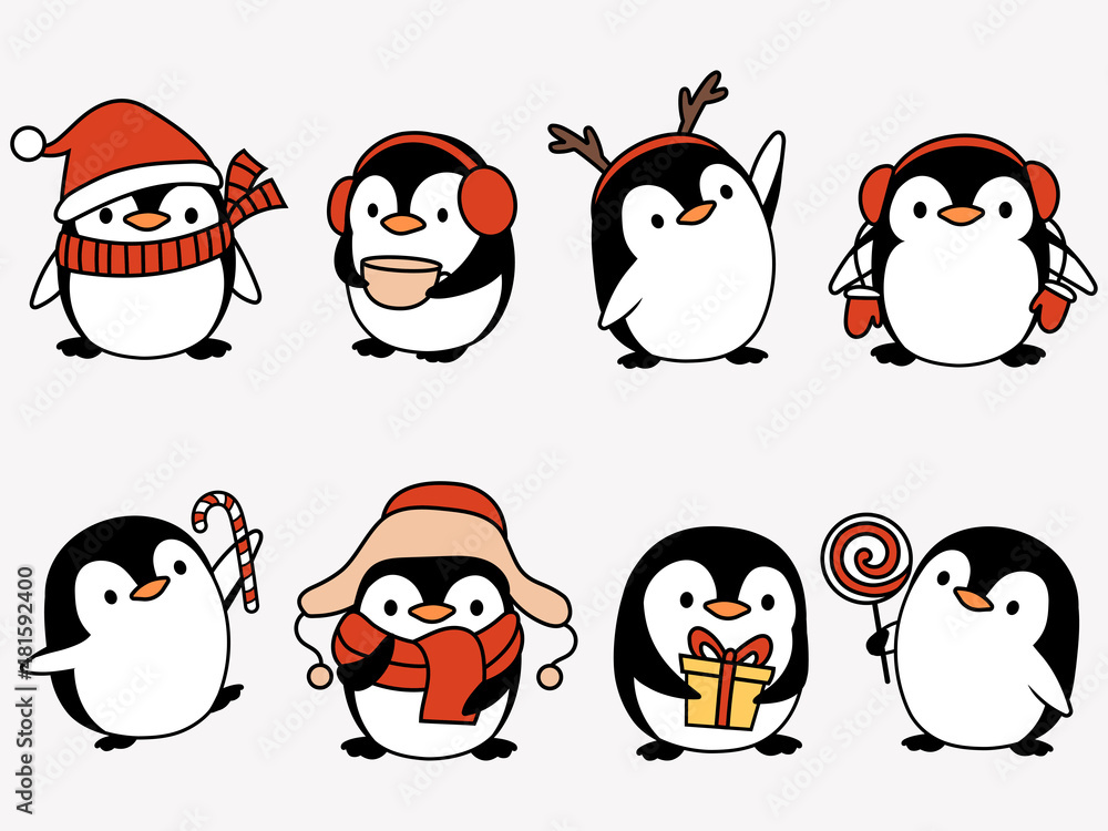 Fototapeta premium Set of baby cute penguins. Collection of Christmas penguin in a hat and scarf. Antarctic animals. Picture for the New Year postcard. Vector illustration on a white background.