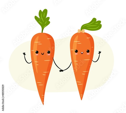 Cute carrot character icons isolated. Couple of cartoon carrots.