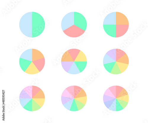 Circle diagram with color part pie, fraction. One piece from circle. Mathematical infographic. Divided area. Vector illustration