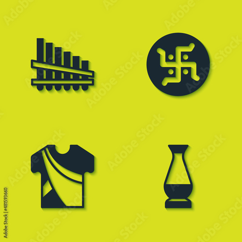 Set Pan flute  Indian vase  man dress and Hindu swastika icon. Vector